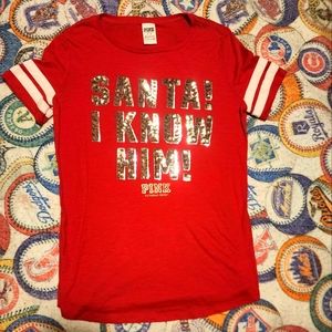 VICTORIAS SECRET PINK BLING SEQUIN "SANTA! I KNOW HIM" SCOOPNECK TSHIRT